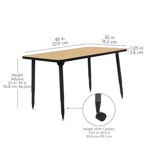 Image of Adapte Commercial Classroom Activity Table - 30 inch x 48 inch Rectangle, ADA Compliant Tapered Legs with Glides & Casters, Adjustable Height 22-34 inch Wheelchair Accessible, School & Office Furniture