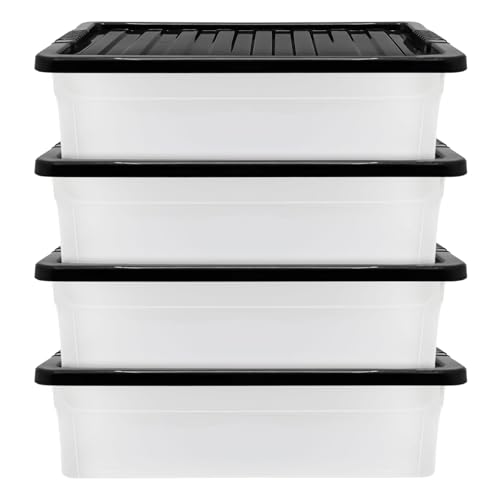 KMJ® 4 Pack-32L Under Bed Storage Box with Lid – Large Plastic Storage Box for Clothes, Shoes, Toys Etc.– Clear Underbed Storage Boxes with Lids – Stackable Storage Boxes Plastic