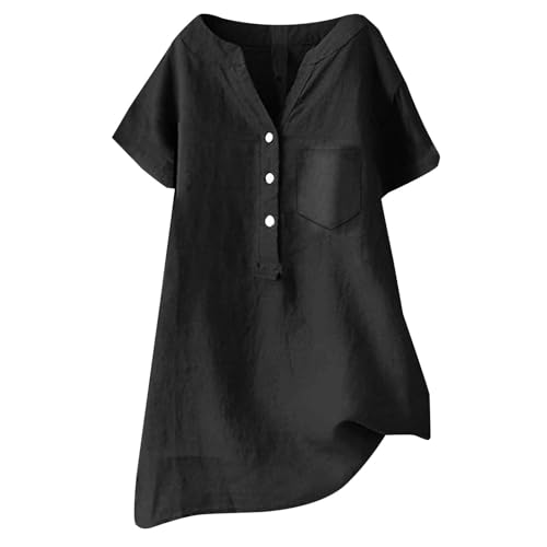 [mimii] Linen Blouse Summer Beach Short Sleeve V Neck Down Top Casual Loose Shirt 2025 ���f�B�[�X �u���E�X �t�H�[�}�� (Black, XL)