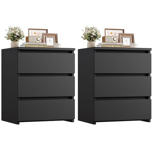 FOTOSOK Nightstand Set of 2 Black Nightstand with 3 Drawers, Black Bedside Table Night Stand for Bedroom with Cut-Out Handle, Sofa Side Table 3 Drawer Nightstand for Bedroom, 17.7W*15D*21.7H