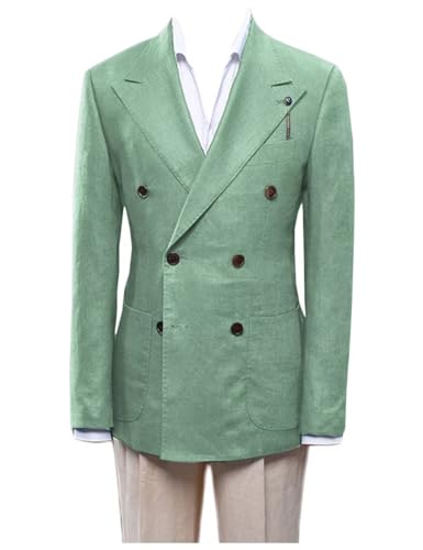 Double Breasted Peak Lapel Blazer Jacket for Men Linen Slim Fit Wedding Business Casual Sport Coats