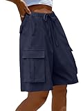 MEROKEETY Women's Summer Casual Cargo Shorts Elastic Waist Drawstring Hiking Bermuda Shorts with Pockets, Navy, M