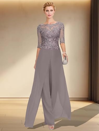 2 Piece Mother of The Bride Jumpsuit for Women Chiffon Lace Applique Formal Wedding Guest Pant Suits3