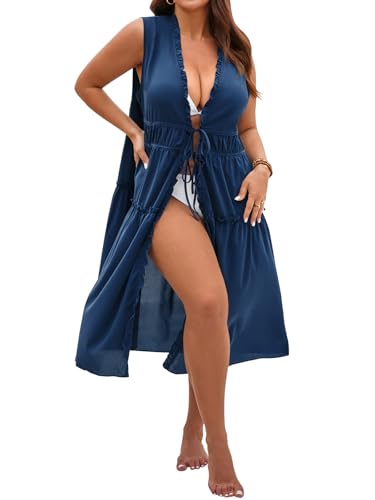 Yousify Womens Plus Size Swimsuit Long Cover Up Chiffon Bikini Coverups Kimono Tie Front Bathing Suit Beachwear Navy — view 2