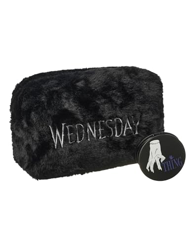 Wednesday Make Up Bag & Mirror | Addams Cosmetic Zip Up Container with Portable Accessories | Ladies Makeup Travel Pouch for Women & Teens | Netflix Series Merchandise Apparel Gift, Black, One Size