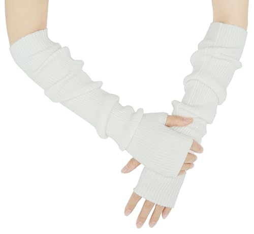 Farlenoyar Women Fingerless Arm Gloves Cashmere Blend Arm Warmers White