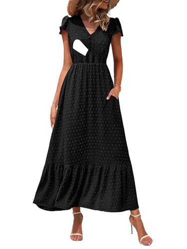 Image of CzzzyL Women Nursing Boho Maxi Dresses Cap Short Sleeve V Neck Swiss Dot High Waisted A-Line Ruffle Tiered with Pockets