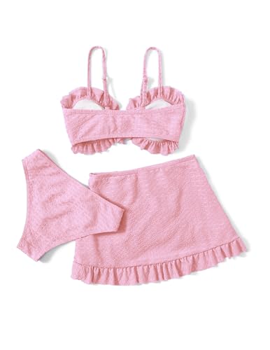 Arshiner Mädchen 3-teilige Krawatte Front Ruffle Trim Bikini Set Sommer Strand Bademode Top+Rocks +Slips Badebekleidung Kinder Badeanzüge mit Rock Bademode Schwimmanzug für Mädchen 11-12 Jahre