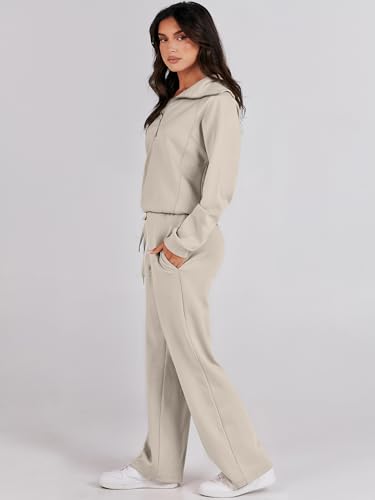 ANRABESS Women’s 2 Piece Outfits Half Zip Sweatshirt & Wide Leg Pants Airport Travel Lounge Matching Sets Sweatsuits Clothing Light Khaki X-Large