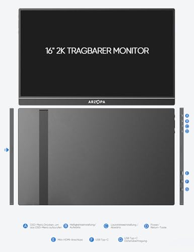 ARZOPA 2.5K Portabeler Monitor, 16 Zoll 2560x1600 HDR 10bit QHD USB-C HDMI Laptop Monitor, 16:10 IPS Augenschutz Externer Zweitbildschirm für Mac PC Phone PS4/5 Xbox Switch (Z1RC)