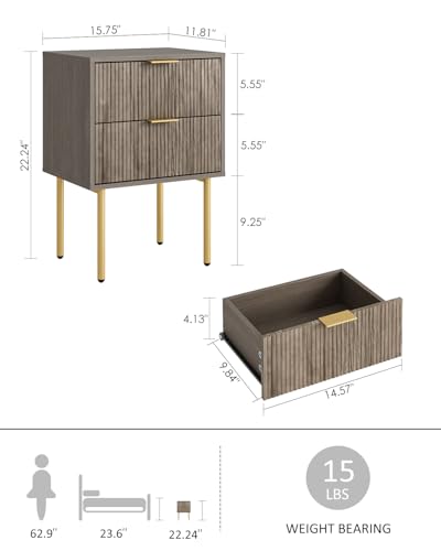 Nightstand,Small Bedside Table with Gold Frame,Black Night Stand,Bedside Furniture,Side Table with Drawer and Shelf for Bedroom,Living Room (2Drawers, Grey)