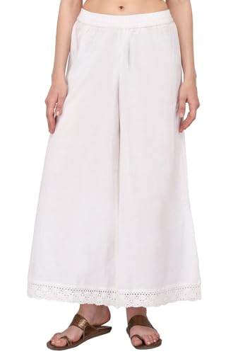 ladyline Women's Cotton Linen Palazzo Pant - Crotia Lace Border - Wide Leg Relax Pants