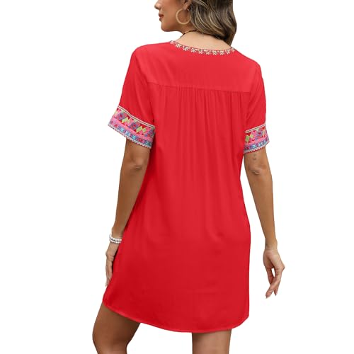 Image of Grosy Fiesta Embroidered Mexican Dress for Women Beach Vacation Plus Size Short Sleeve Summer Boho Dresses with Pocket