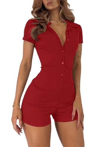 LilyCoco Women's Bodycon Romper Short Sleeve Button Front Ruched Collar One Piece Summer Playsuit, Red, Large