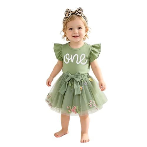 Neugeborenes Baby Mädchen Outfit Ersten Geburtstag Rock Set Geraffte Ärmel T-Shirt und Tütü Tüllrock 1.Geburtstags Bekleidungssets Sommer 2-teiliges Kleidung ONEShirt+Netzrock(1 Jahre Blumen)