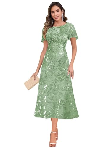 Sequin Mother of The Bride Dresses for Women Short Sleeve Tea Length Formal Evening Party Gowns