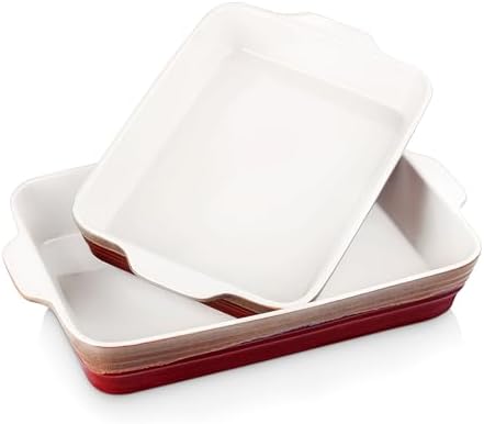 LOVECASA Kamionka płytkie prostokątne naczynie piekarnik na stół naczynie do pieczenia, prostokątne ceramiczne naczynia do pieczenia zestaw 2 z podwójnym uchwytem idealne do ciasta/piecia/zapiekanki/makaronu, czerwone