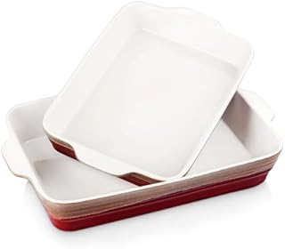 LOVECASA Kamionka płytkie prostokątne naczynie piekarnik na stół naczynie do pieczenia, prostokątne ceramiczne naczynia do pieczenia zestaw 2 z podwójnym uchwytem idealne do ciasta/piecia/zapiekanki/makaronu, czerwone