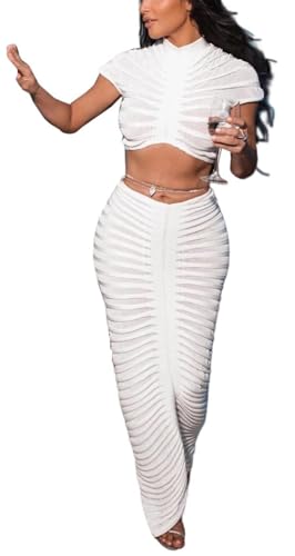 Image of Sexy See Through Long Dress Knitted Sheer Mock Neck Crop Top and Maxi Skirt 2 Piece Outfits Sets