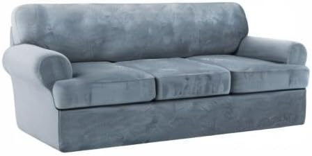 Miniatura 9 de Juego de 4 fundas de terciopelo para sofá con cojín en forma de T, funda elástica para sofás de 3 plazas, incluye 3 fundas de cojín en T, protector