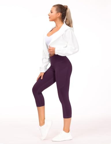 Image of THE GYM PEOPLE Thick High Waist Capris Yoga Pants with Pockets, Tummy Control Workout Running Yoga Leggings for Women