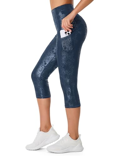 Image of THE GYM PEOPLE Thick High Waist Capris Yoga Pants with Pockets, Tummy Control Workout Running Yoga Leggings for Women