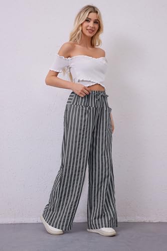 Image of MISSACTIVER Women Drawstring Striped Pants Loose Wide Leg Trousers Casual Low Waist Pants Comfy Lounge Pants with Pockets