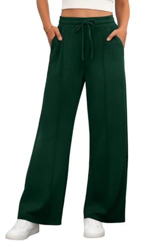 PrinStory Ladies Trousers Elasticated Waist Straight Leg Stretch Yoga Pants Casual Drawstring Office Work Trousers with Pockets (Dark Green, M)