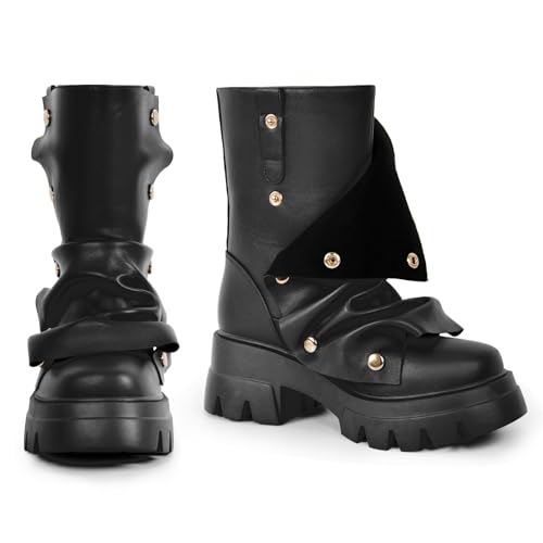 richealnini Women's Platform Punk Boots Slouch Fold Over Ankle Boots Pull On Ruched Boots3