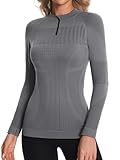 ATTRACO Women Thermal Underwear Top Zip Neck Thermal Shirts Long Sleeve Base Layer Top Grey M