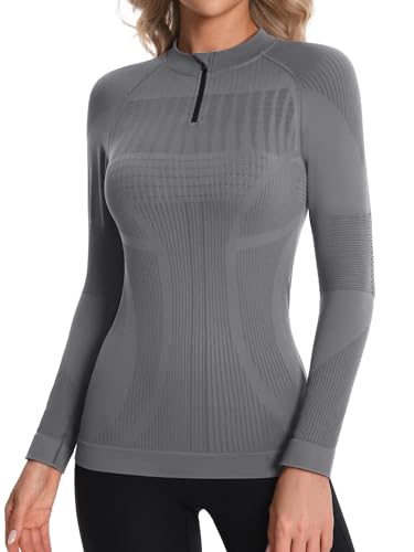 ATTRACO Women Thermal Underwear Top Zip Neck Thermal Shirts Long Sleeve Base Layer Top Grey M
