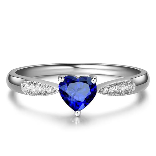 Women's Heart Ring, 925 Sterling Silver Plated Simulated Blue Sapphire Stackable Promise Engagement Wedding Band