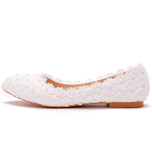 Comfortable Women Flats Handmade White Lace Bridal Ballet Flats Closed Toe Shoes Bride Wedding Shoes3