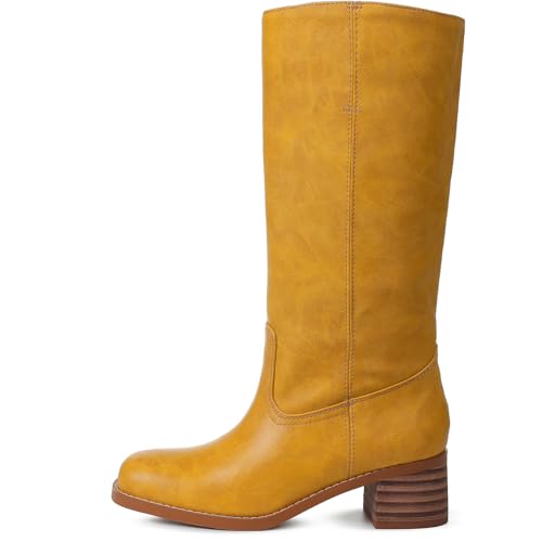 Image of Womens Knee High Boots Yellow Shoes for Women Block Chunky Low Heels Leather Boot Vintage Square Toe Winter Fall Boots Long Tall Womens Boot Comfortable Dressy Shoes Size 9