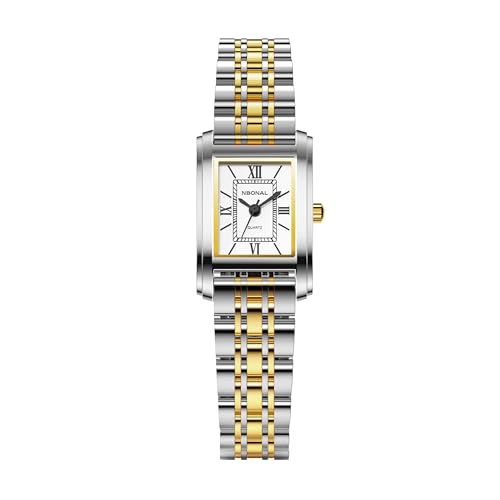 NBONAL Women's Vintage Rectangle Watch, Gold Stainless Steel Band, White Roman Dial, Small Size, Water Resistant,NB-2501-2 (S.S+Gold)