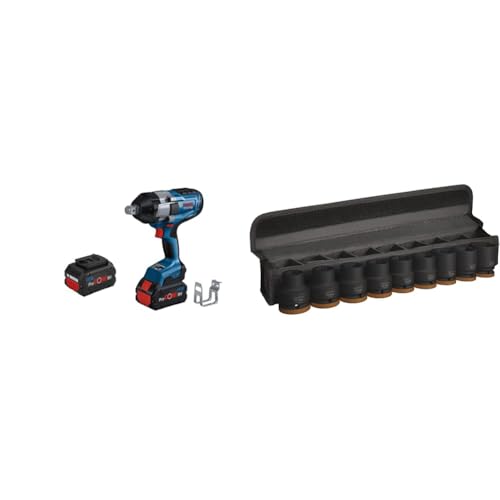 Bosch Professional 18V System BITURBO Akku Drehschlagschrauber GDS 18V-1050 H (2x ProCORE 18V 5.5Ah, Schnellladegerät, L-BOXX-Einlage) + 9x PRO Impact Steckschlüsseleinsatz-Set (63 x 56 mm, Zubehör)