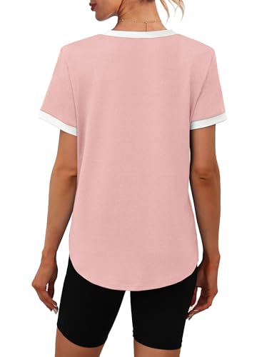 Image of Womens Workout Tops Summer Short Sleeve Shirts Athletic Color Block Gym Clothes Outfits Sun Protection UPF 50+ T Shirts