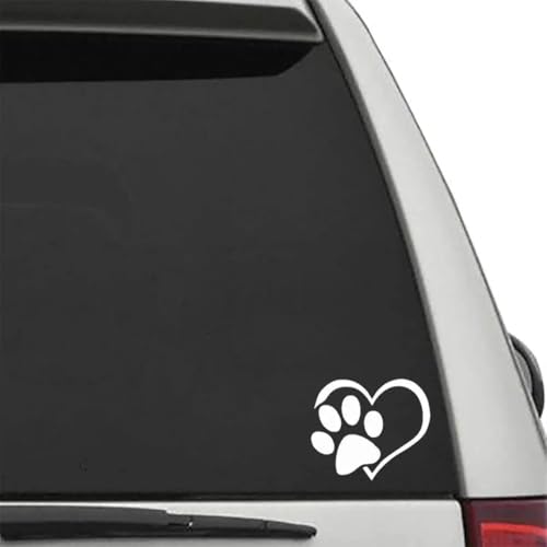 Lot de 2 autocollants de voiture - Patte de chien et cœur - Motif patte de chien - Résistant aux intempéries et autocollant (blanc)