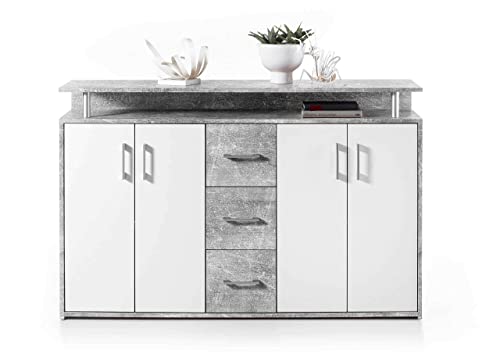 Comò moderno con 4 ante a battente, 3 cassetti ed un ripiano superiore, all'interno si trova 1 ripiano dietro le ante doppie per lato, che offrono molto spazio per abbigliamento o altre cose. La credenza è dotata anche di 1 ripiano aperto per giornali o libri, inoltre c'è spazio per oggetti decorativi sul piano superiore, che è sostenuto da 2 colonnine in ottica d'alluminio. Questo mobile da ingresso dal design elegante è anche adatto per soggiorno, salotto o camera da letto.