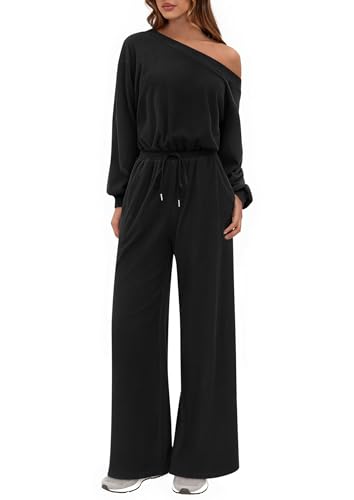 PRETTYGARDEN Long Sleeve Jumpsuit For Women Dressy 2025 Off Shoulder One Piece Loose Wide Leg Jumpsuits Casual Flowy Romper (Black,Medium)
