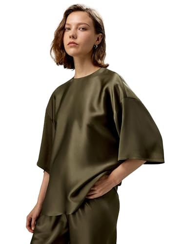 LilySilk Womens Pure Silk Blouse Ladies 32MM Double-Faced Silk Basic Top 3/4 Sleeves Crewneck
