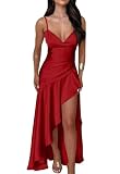 Memoriesea Women's Sexy Satin V Neck High Slit Ruffle Hem Party Evening Maxi Dress Red, Small
