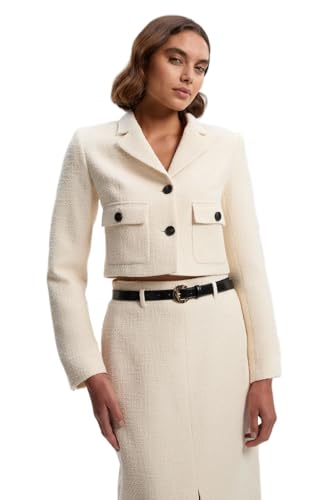 Image of Karen Millen Textured Tweed Pocket Front Tailored Cropped Jacket, 12, cream