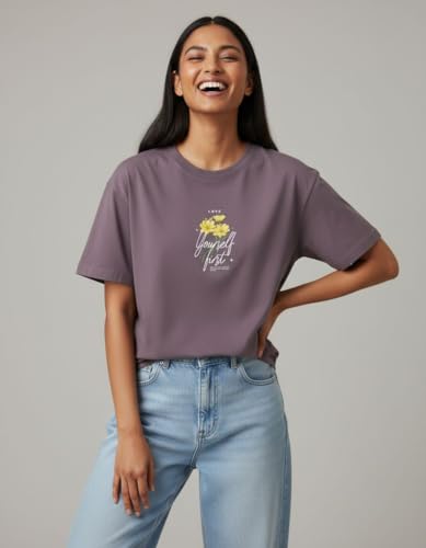 Image of Oversized Cotton T-Shirt for Women Half Sleeve - Love Yourself First Printed Tee - Breathable Loose Fit Motivational Casual Wear for College and Daily Outfits