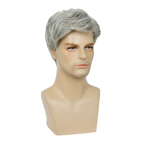 Baruisi Men Wigs Short Silver Gray Wig Synthetic Heat Resistant Natural Halloween Cosplay Hair Wig #TOP3
