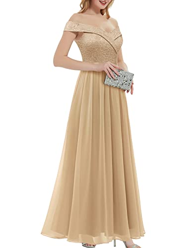 Daisyaner Women's Off Shoulder V-Neck Formal Dresses Wedding Gowns Elegant Evening Cocktail Long Dresses For Party Champagne Xl #TOP4