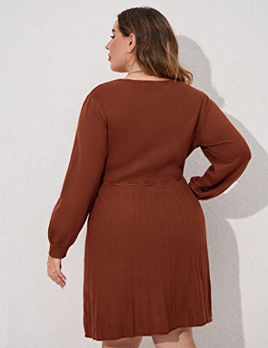 Image of Women's Plus Size Casual Sweater Dress Square Neck Long Lantern Sleeve Tie Waist Loose Pullover Sweater Dresses