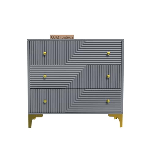 Image of Wooden Chest of Drawers | 3 Drawers Dresser Console Cabinet for Bedroom, Living Room, Drawing Room & Office | Multipurpose Storage Sideboard | HDMR Premium Wood & Iron, Light Grey