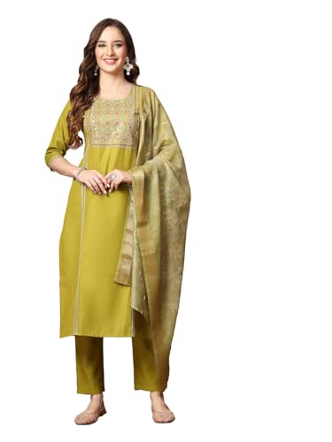 Image of Stylum Women's Embroidered Cotton Blend Straight Kurta Pant with Dupatta