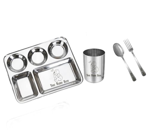 Image of Savri Personalized Printed Stainless Steel Five Compartment Rectangular Dinner /Pav Bhaji Plate With Spoon & Fork With Name & Design Engraved.Best For Return Gift, Schools (5 Compartments)